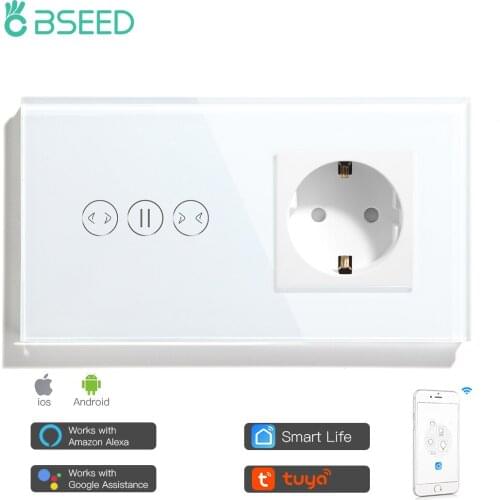 Bseed Wifi Smart Touch Curtain Switch With Normal EU Standard Socket With White Black Gold Crystal Glass Panel Smart Switch 16A