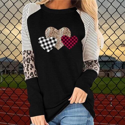 Valentine Day Women Vintage Tshirt Plaid Leopard Heart Graphic Harajuku Tops Striped Patchwork o-Neck Long Sleeve Indie Clothes