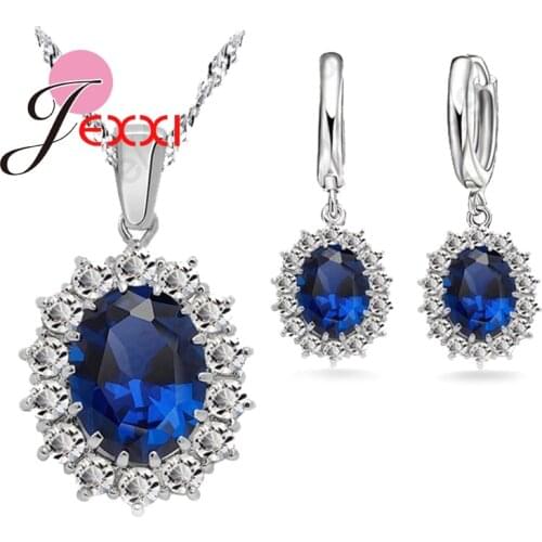 Engagment Wedding Genuine 925 Sterling Silver 5A Blue Cubic Zirconia Pendant Necklace Earrings Woman Elegance Jewelry Sets