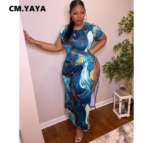 CM.YAYA Women Long Dress Print Shorts Sleeve O-neck Bandage Hollow Out Splited Ankle Length Dress Female Fashion Outfit Summer
