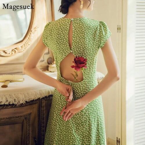 Summer Sexy Backless Print Floral Dress Women Vintage Split Boho Midi Dress Casual Holiday Lady Chiffon Dresses Vestidos 15254