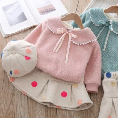 Baby girl winter warm clothing doll collar wool sweater plus velvet thickening suit girl polka dot skirt plush two-piece suit