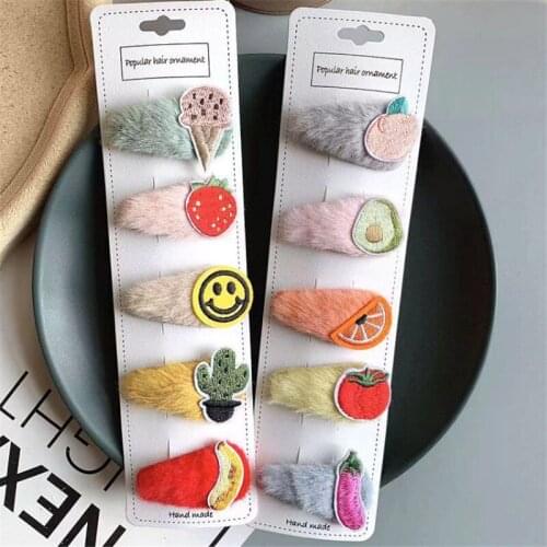 10pcs/lot Fashion Girls Hair Clip Candy Color Plush Hairpin Cartoon Fruit Embroidery Kids BB Clip Hair Accessories