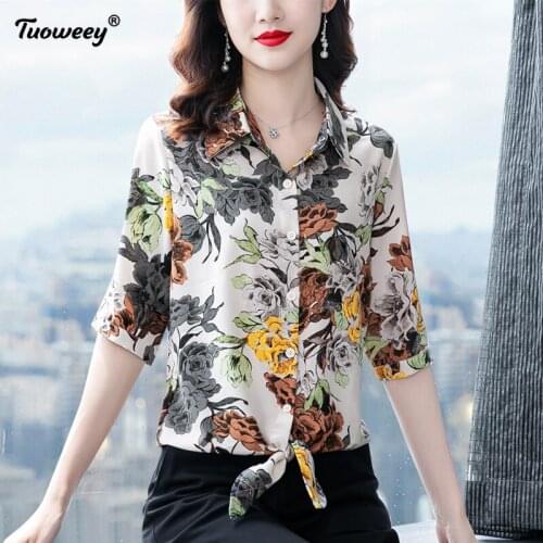 Blusas Mujer 2021 Spring short Sleeve Printed Chiffon Blouse Women Office Lady Elegant Fashion Women Shirts Female Tops