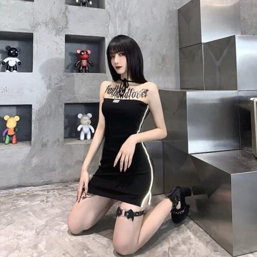 Palace Retro Summer Vintage Elegant Black Gothic Dress Goth Autumn New Fashion Sexy Design Reflective Stripe Hip Strap Dress