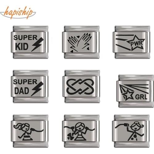 Hapiship Original Daisy Fashion Sing song Super Kid Dad Italian Charm Fit 9mm Bracelet Stainless Steel Jewelry Making DJTop26