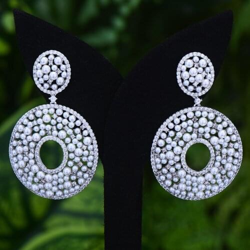 Jimbora Luxury African Full Pearls Round Dangle Earrings For Women Wedding Party Cubic Zircon CZ Dubai Indian Bridal Earrings
