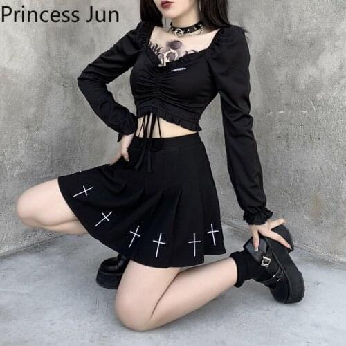 Punk Style Cool Girl Chic Short Black T Shirt Spring Summer Long Sleeve Crop Top V Neck Drawstring Gothic Street Fashion Shirt