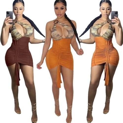 Summer 2021 Dresses for Women Patchwork Shirring Sexy Dress Nightclub Club Outfits Streetwear Gothic Clothes Wholesale Items