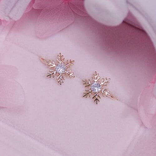 Fashion Korean 14K Real Gold Snowflake Women Earring Cubic Bling Zircon Anti-allergy Ear Bone Clip Charm Hollow Pendant Jewelry