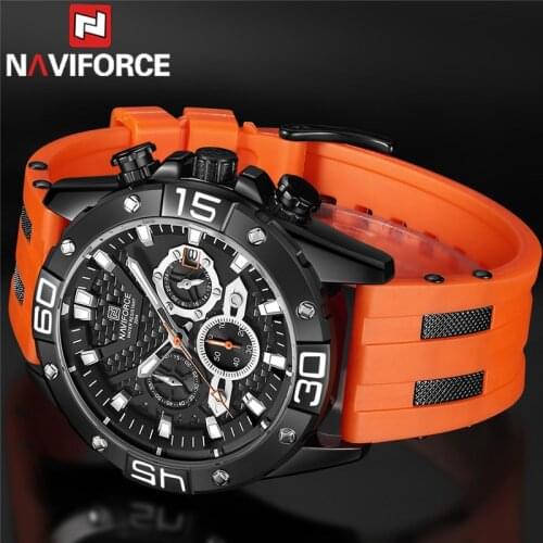 NAVIFORCE Fashion Men Watch Sport Man Wristwatch Top Brand Luxury Military Chronograph Orange Rubber Quartz Male Clock Gift 8019