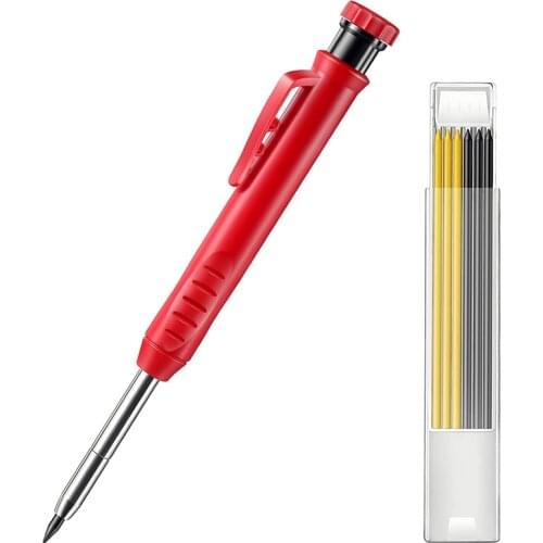 NEW-Solid Carpenter Pencil Set with 7 Refill Leads, Built-in Sharpener, Deep Hole Mechanical Pencil Marker Marking Tool