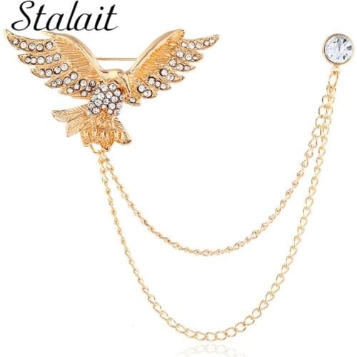 Eagle Brooch Crystal Rhinestone Chain Brooch Pin Trendy Gold Silver Color Lapel Pin Clothes Accessory Fashion Punk Jewelry