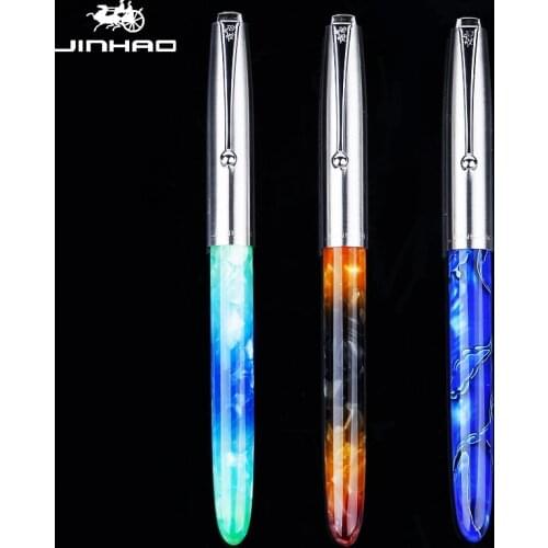 3PCS Jinhao Acrylic Resin Fountain Pen Stainless Steel Cap Crystal Color Extra Fine Nib 0.38mm Smooth Writing Ink Pen for Office