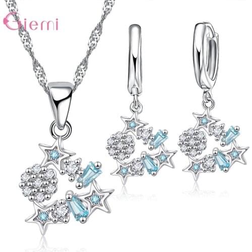 Good Quality 925 Sterling Silver Shiny Star & Snow Pendant Necklace Earrings For Wife Mom Birthday Party Gifts Jewelry Sets