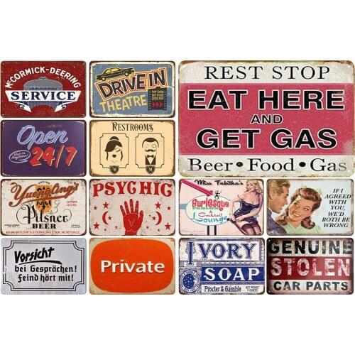Shabby Chic Bar Decoration Vintage Metal Tin Sign of Rest Stop Eat Here and Get Gas Beer Food Gas Open 24/7 Retro Street Sign