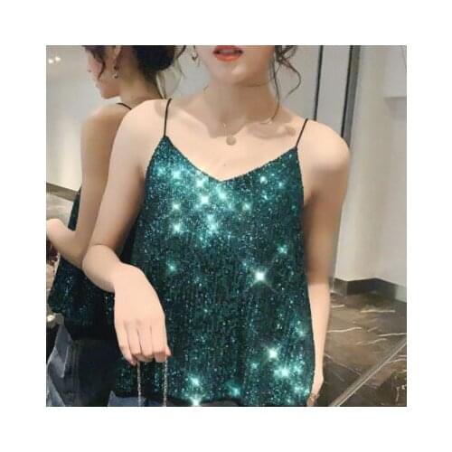 Sexy Sequins Camisole Top Girls V-neck Fashion Sequined Tanks Tops With Linning For Woman Summer