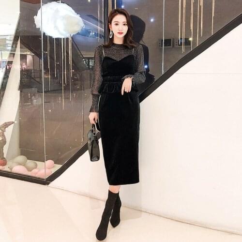 Spring and Autumn Womens New Fashion Sexy Perspective Lantern Sleeve Top Black Velvet Thin Sling Dress temperament Two-piece