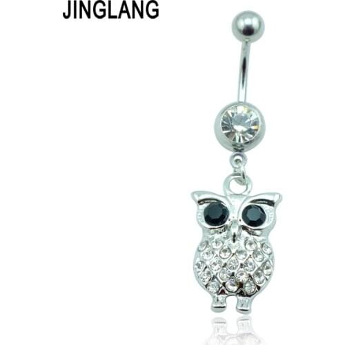 Wholesale Fashion 2 Color Rhinestone Owl Belly Button Ring Stainless Steel Navel Body Piercing Jewelry
