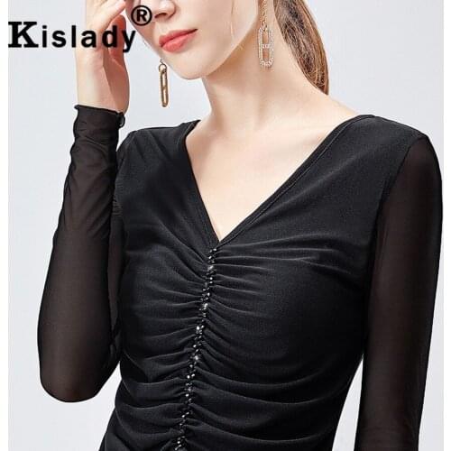 2020 New Spring Fall Womens Slim V-Neck Long Sleeve Gothic Shirt OL Tops Plus Size Harajuku Blouse Korean Sexy Fashion Clothes