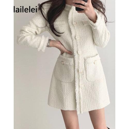 Tweed Button Mini Dress Long Sleeve a Line Jurk White Vintage Elegant Winter Black Office Korean Chic Fall 2020 Robe Femme