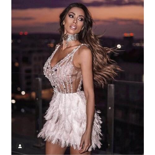High Quality Pink White Feathers Rayon Bandage Dress Elegant Night Club Party Dress Vestidos