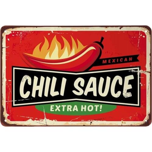 Chili Sauce Tin Signs,Mexican Food Extra Hot on Red Background Vintage Metal Tin Sign for Men Women,Wall Decor