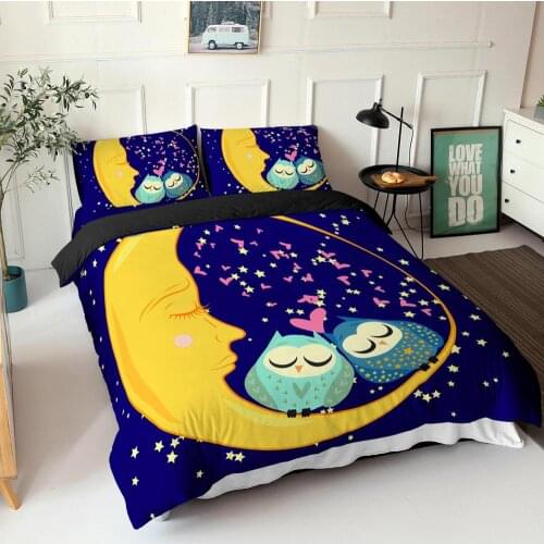 2/3 Pcs/Set Owl Moon Duvet Cover & Pillowcase Set With Zipper Closure Single Double Full Queen King Size Comforter Cover