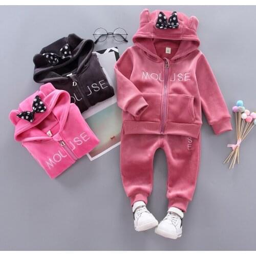 2021 New Mouse Girls Clothing Set Autumn Pure Cotton Bow Warm Suit For Kids Hooded Sweatshirt + Pants 2Pcs Children Clothing