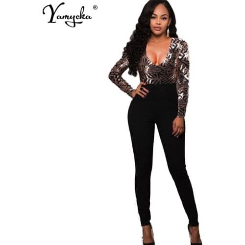 2020 Autumn Winter Sexy Women Body Long Sleeves Gold Sequins Jumpsuit Elegant Catsuit Embroidery Romper V Neck Bodysuit Overalls