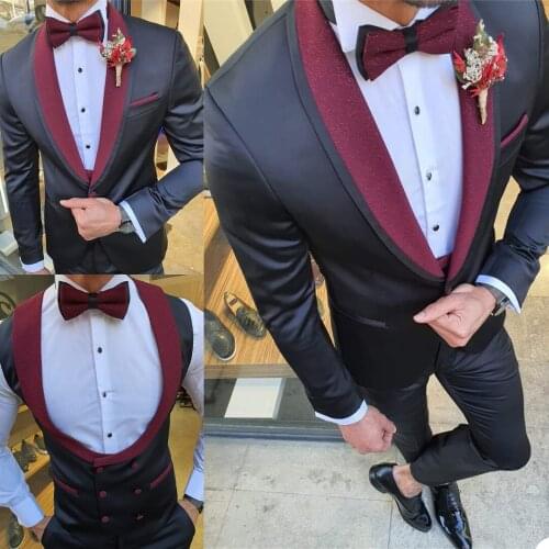 Black Mens Tuxedos Formal Red Shawl Lapel Groom Men Wear Wedding Blazer Trousers Suits Business Prom Party 3 Pieces