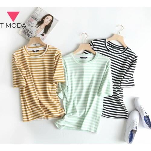 T MODA 2021 Summer Women Classic Stripe Short Sleeve Cotton T-shirt For Lady Round Neck Loose Cotton Tshirt Tee Female Chic Tops