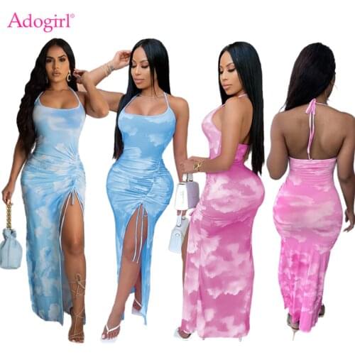 Adogirl Fashion Sky Cloud Print Lace Up Halter Backless Maxi Dress Women Sexy Drawstring High Split Bodycon Long Club Party Wear