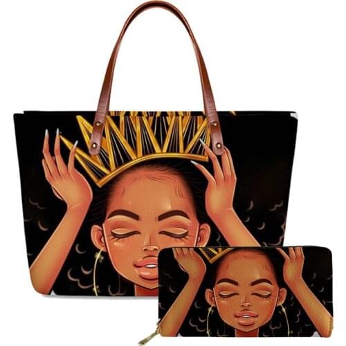 HYCOOL New 2pcs/set Wallet&Handbags Art Black African Girl Print Women Walking PU Leather Handbag Clutch bag Bags for Women 2020