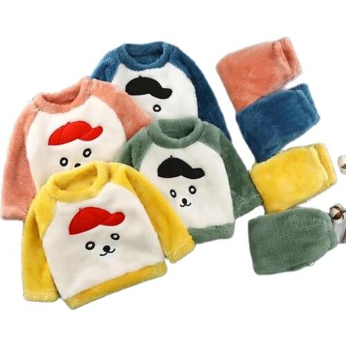 2021 Autumn Winter Flannel Pajamas For Children Plus Velvet Thickening Warm Leisure Home Boys Set Cute Girls Household Clothing