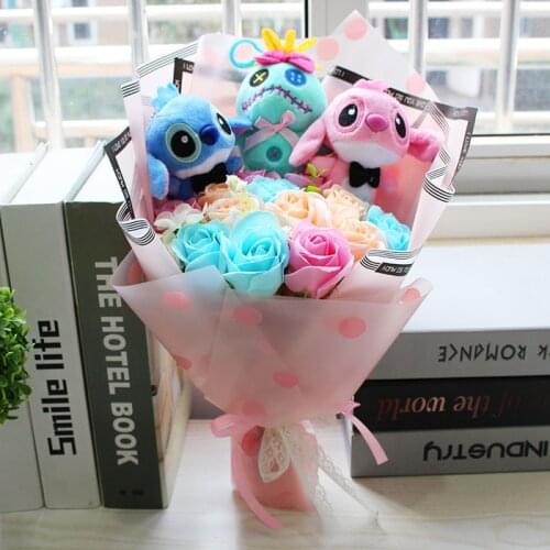 Christmas gift stitch plush toys with soap flower cartoon bouquets stitch stuffed animal creative gifts birthday