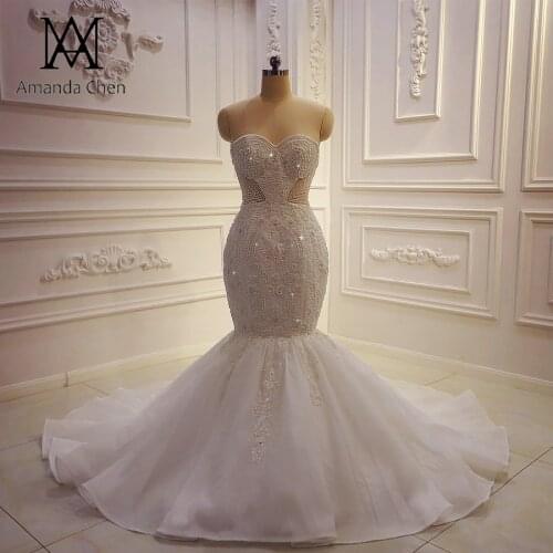 Amanda Novias Mermaid Lace Applique Design Strapless Wedding dress