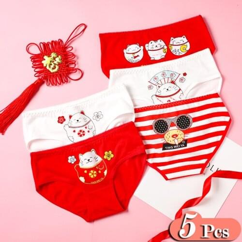 5Pcs/Lot Chinese Red Cartoon Sweet Cotton Underwear For Women Seamless Panties For Menstruation Lucky Cat Comfortable Briefs Set