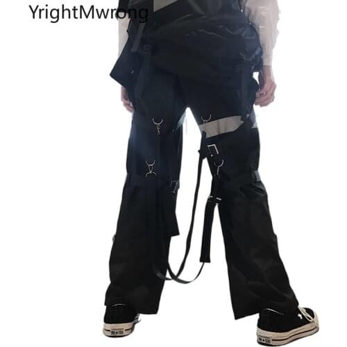 Young Woman Man Fashion Streetwear Harajuku Hip Hop Summer Dark Punk Patchwork Ribbon Belt Strap Reflective Black Jogger Pant