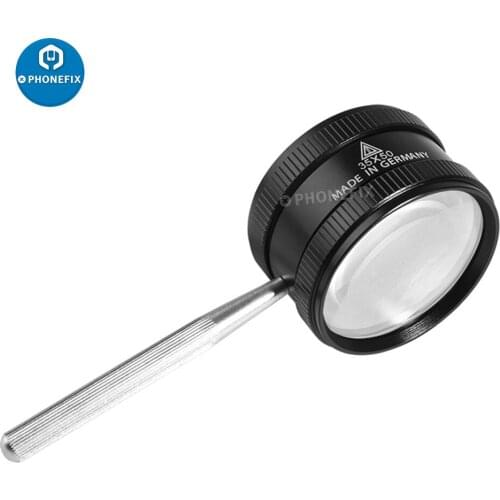 55mm Diameter Magnifier Handheld 35X Magnifying Glass K9 Optical Lens Silver Handle Jewelry Loupe Reading Repair PCB Inspection