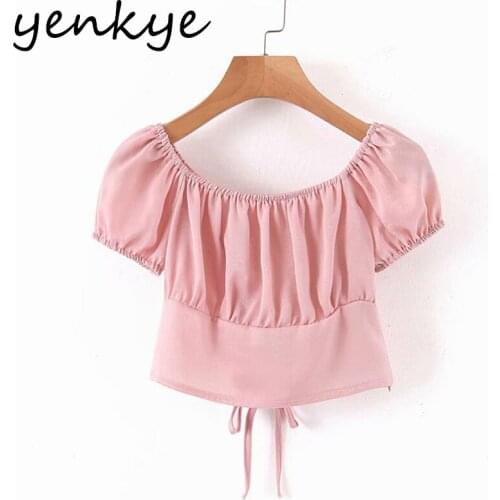YENKYE Sweet Pink Satin Crop Top Women Sexy Square Neck Puff Sleeve Hem Lace Up Summer Blouse Fashion Tops