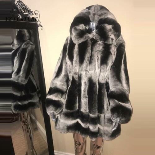 2021 New Real Chinchilla Classic Real Rex Rabbit Fur Coat Hooded Chinchilla Rabbit Fur Jacket Long Sleeves Female Outer Clothing