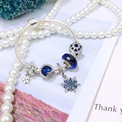 100% 925 Sterling Silver Fashion Blue Cats Eye Beads And Snow Pendant Set Pan Bracelet For Women Wedding Party Fashion Jewelry