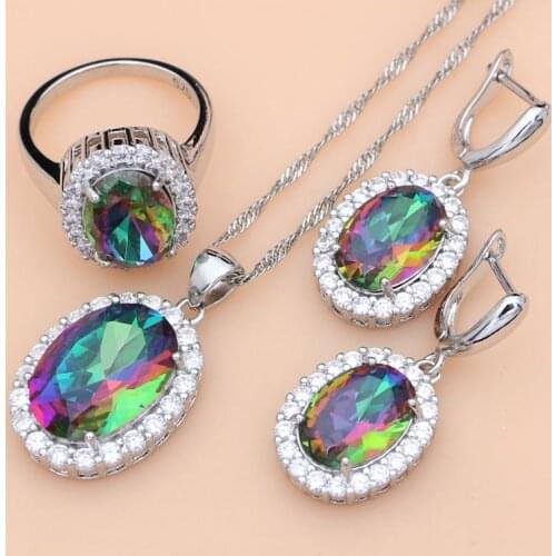 Mystic Rainbow Fire Cubic Zirconia Jewelry Set Women 925 Sterling Silver Jewelry Wedding Earrings/Pendant/Necklace/Rings T002