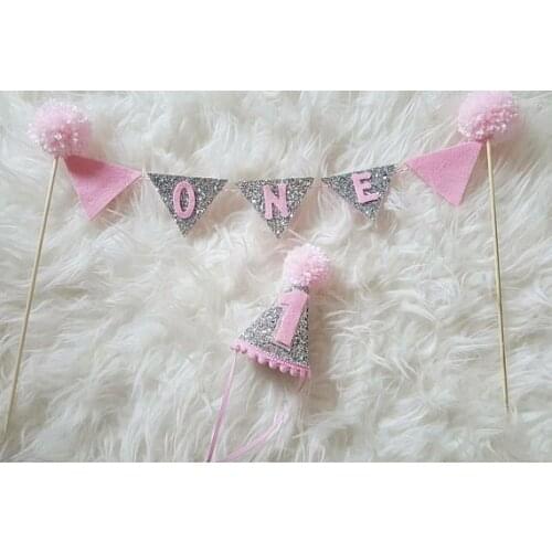 CAKE Bunting Flag Banner and Mini Party Hat Set for Cake Smash | Birthday Hat | Baby Hat | First Birthday Hat | Pink and Gold Bi