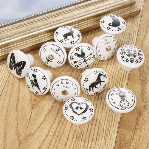 White Print Ceramic Door Knobs Furniture Drawer Knob Clock Pattern Cupboard Handles Single Hole Cabinet Button Handles W/ Screws
