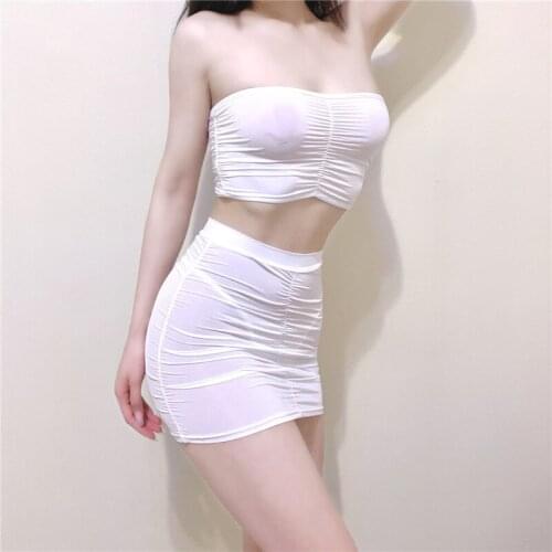 Shiny Silk Elastic White Chest Wrapping Tank Tees Tops T Shirt Sexy Slim Vest Mini Dress Mesh Lace Sexy Korean Two-piece G7FW