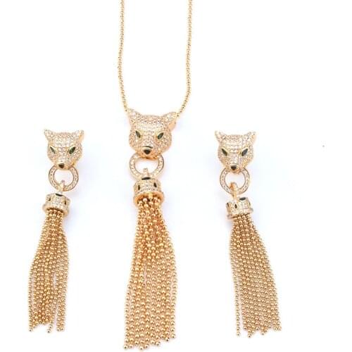 Leopard Head long drop earrings Cubic Zirconia Stone Animal Panther necklace earring for Women designer copper jewelry set
