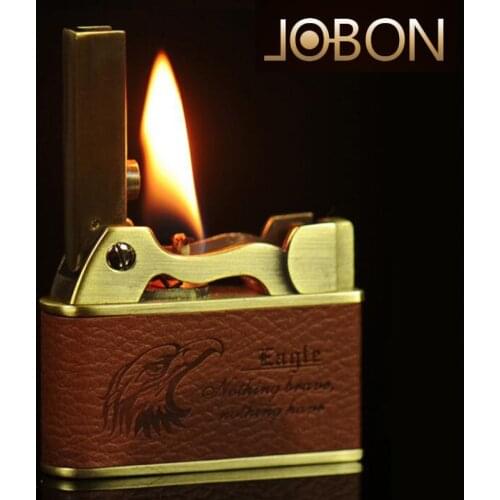 Jobon retro kerosene lighter, classic bronze metal wheel lighter, creative movie open flame genuine leather, mens smoking gift