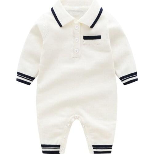Unisex Boys Rompers Autumn Knitted Jumpsuit Turn Down Collar Lapel Girls Long Sleeve Rompers Baby Pure Cotton Wool Jumpsuit
